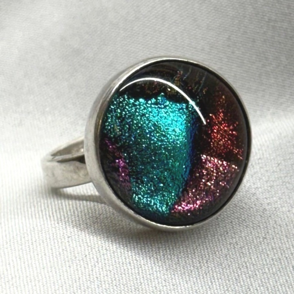Mexico 925 Sterling Silver Dichroic Art Glass Ring Womens Size 8.25 Multi Color